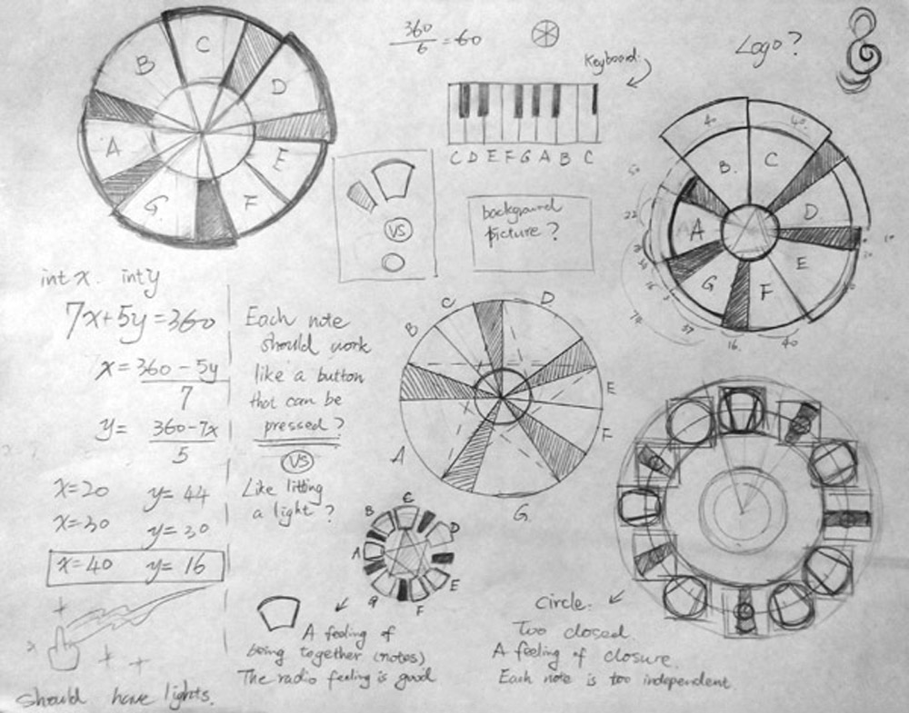 Initial design concepts for Chorlody, showing how chord progressions might be represented.