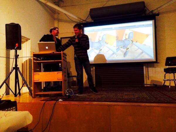 Team VR gives their @unity3d robot the old one-two punch with #LeapMotion at @techendo's #Hackendo demo night http://t.co/6gQE77QerQ